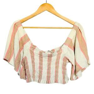 Rip Curl Crop Top Striped Smocked Bodice Flutter Sleeves Size M